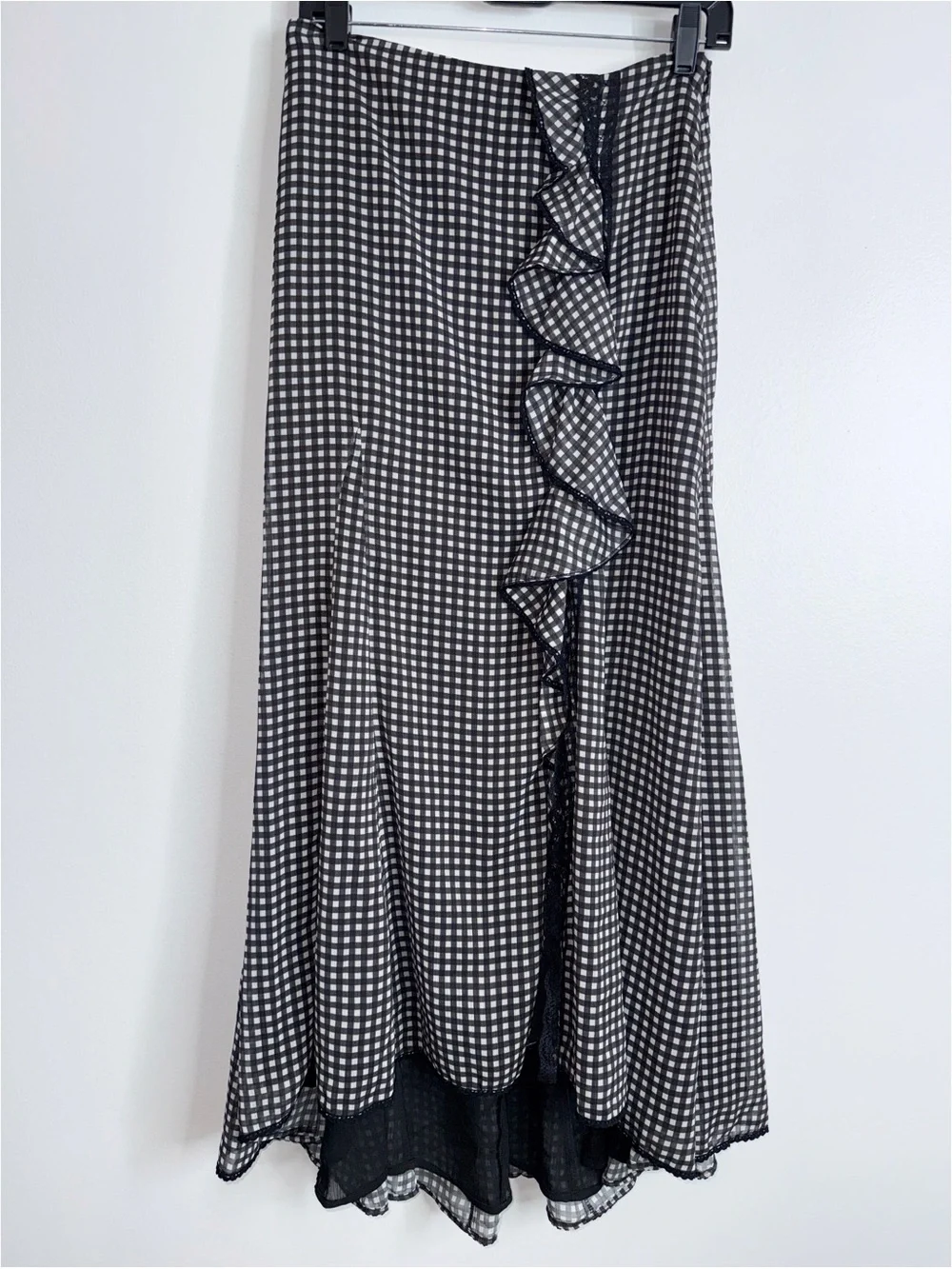 Johnathon Simkhai gingham ruffle slit maxi skirt size medium